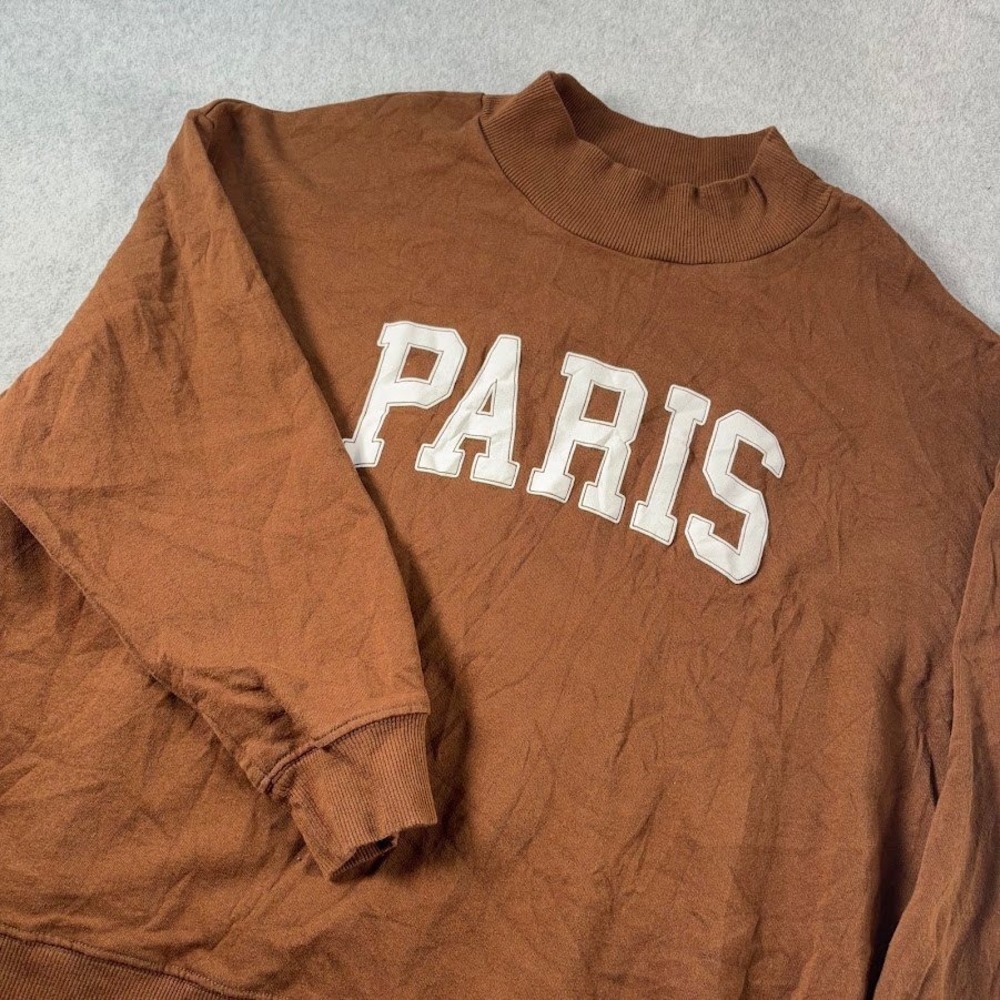 Anthropologie Paris Sweatshirt Womens L Brown Solid Mock Neck Graphic Fleece VTG